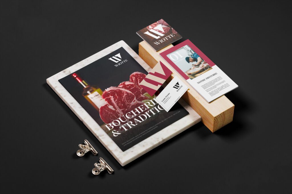 Charte graphique Wiotte, papeterie et packaging, application de l'identité visuelle boucherie-charcuterie-traiteur