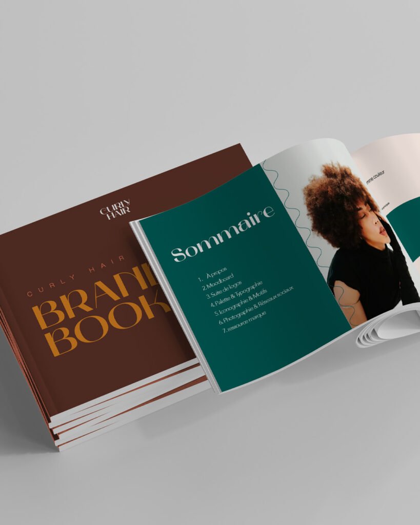 Brand book détaillant la charte graphique de la marque Curly Hair, création Studio créative by Adeline