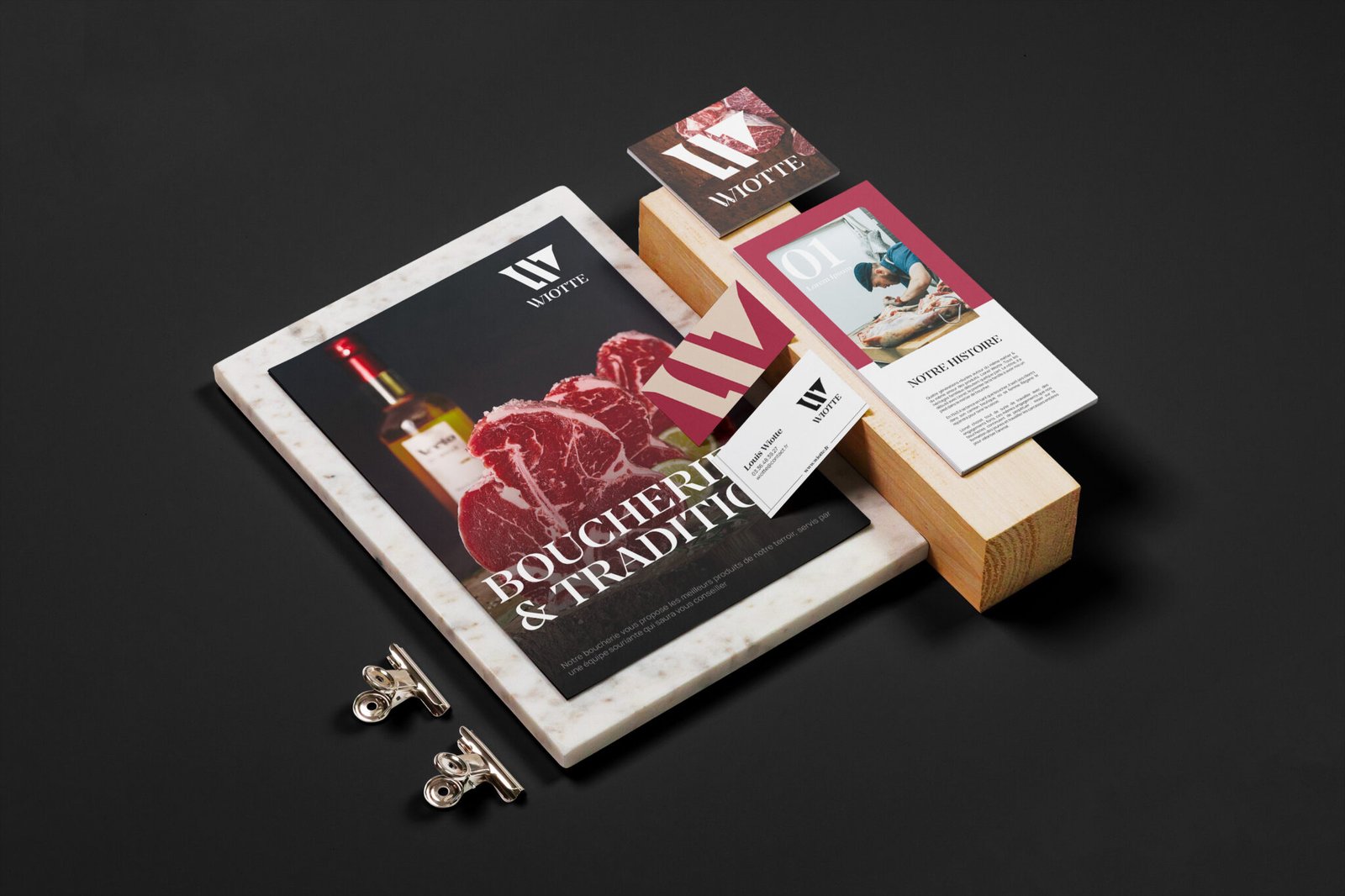 Charte graphique Wiotte, papeterie et packaging, application de l'identité visuelle boucherie-charcuterie-traiteur