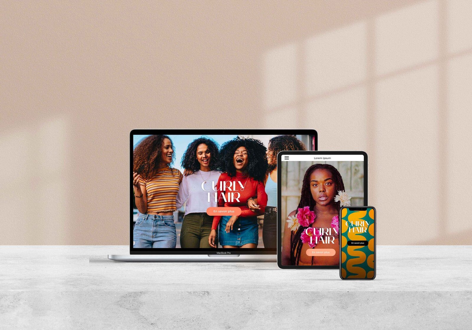 Site web Curly Hair, déclinaison responsive de l'identité de marque, création Studio créative by Adeline